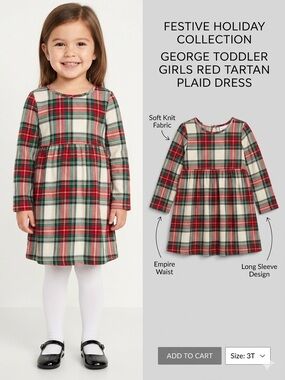 George Toddler Girls Red Tartan Plaid Holiday Dress - Size 3T (EUC)